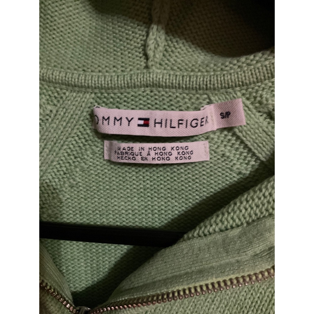 Tommy Hilfiger Lime Green Full Zip Hooded Cable Knit Sweater Womens Small - Picture 2 of 4